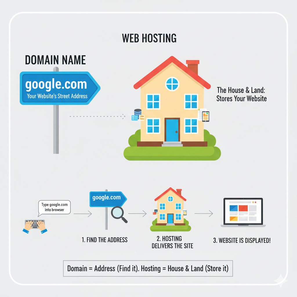 A domain name is like a website's street address (e.g., google.com), while web hosting is the physical land and house where your website's content is stored and made available online.