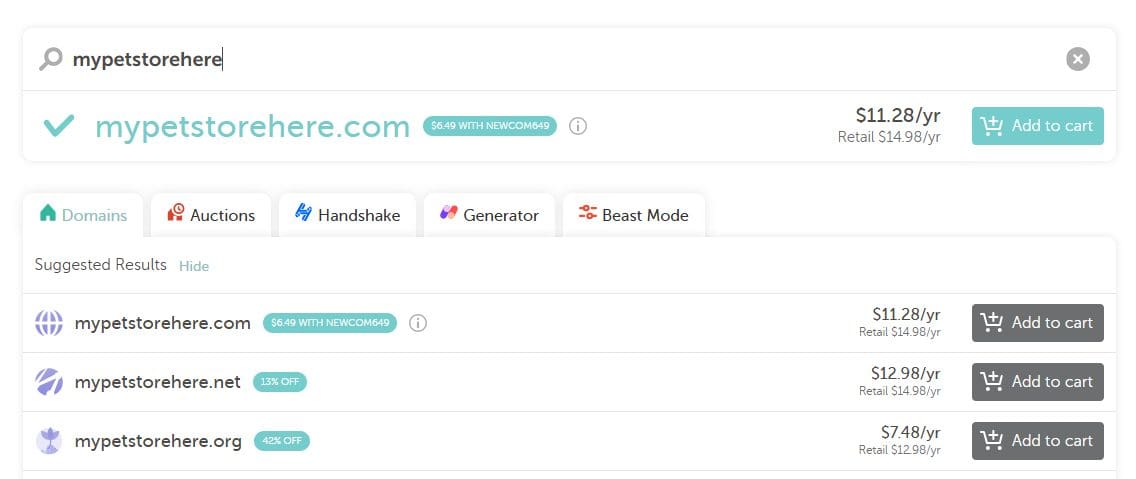 Domain search results for "mypetstorehere," showing availability for .com, .net, and .org. Prices range from $7.48 to $12.98 per year with discounts.