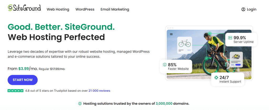 SiteGround web hosting ad with tagline 'Good. Better. SiteGround.' Features low pricing, high server uptime, and fast support. Image of cyclist with performance indicators.