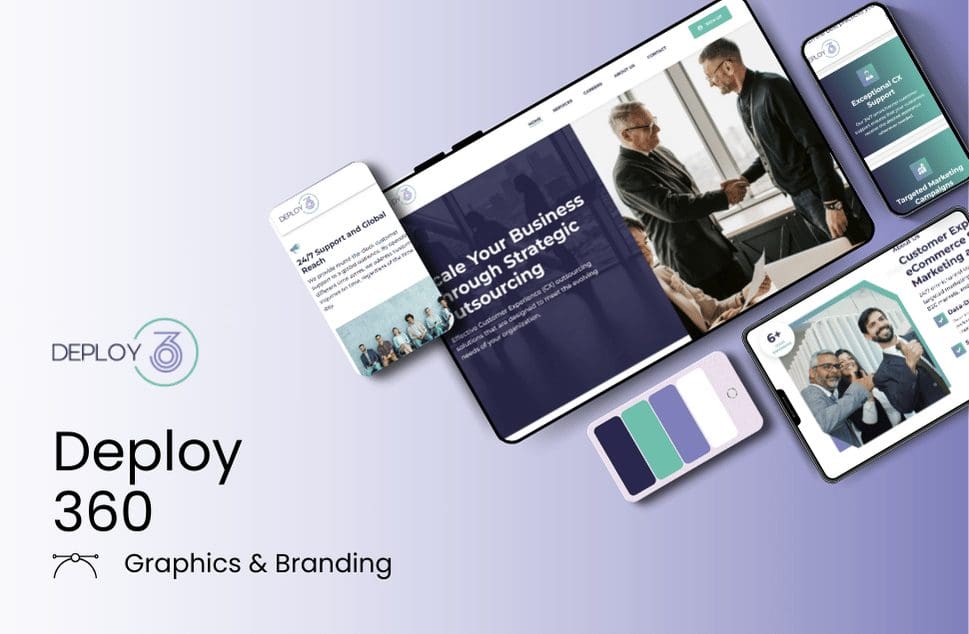 "Digital layout showcasing 'Deploy 360: Graphics & Branding' with multiple devices. Screens display business collaboration themes, color swatches in purple and green tones, and professional images, conveying a modern, strategic tone."