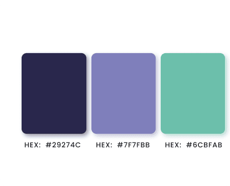 Three color swatches on a white background feature dark blue (#29274C), lavender (#7F7FBB), and teal (#6CBFAB). Each color is labeled with its hex code.
