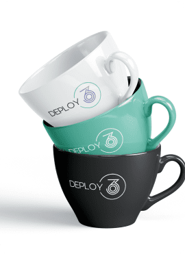 Three stacked mugs featuring the "Deploy3" logo. The mugs are white, teal, and black, conveying a modern, sleek design with a tech-oriented feel.