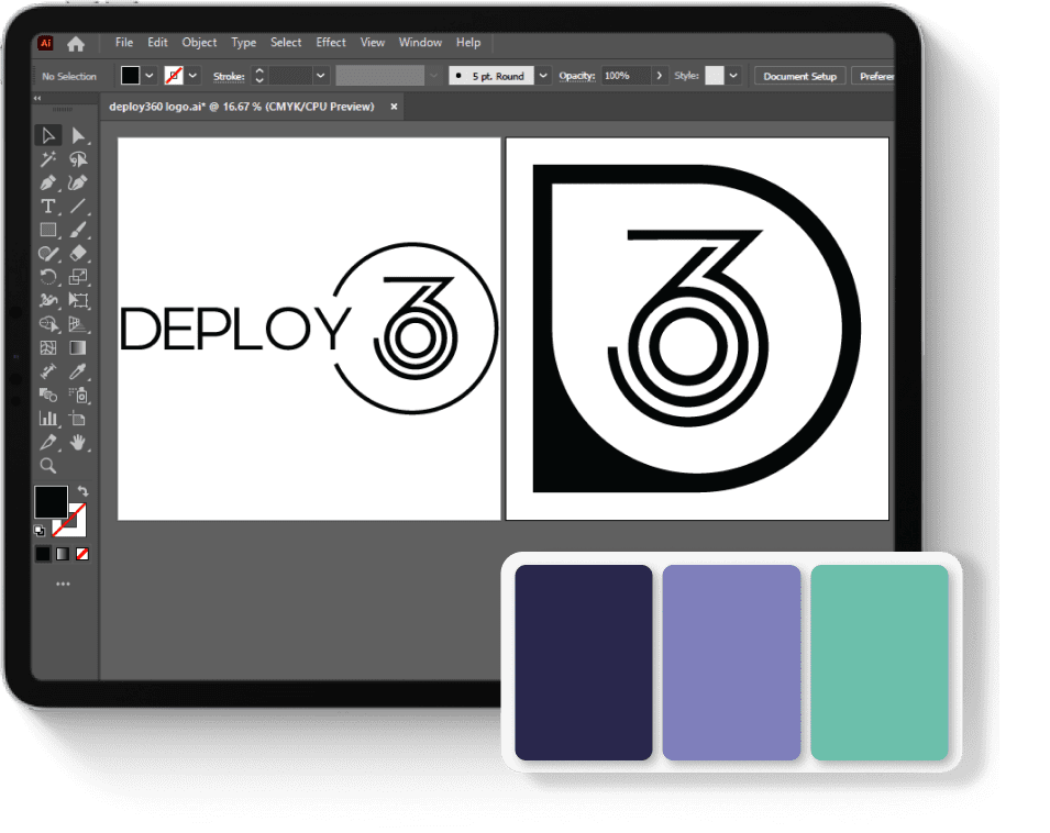 Tablet screen displaying a graphic design software with two logo concepts for "Deploy 360." Below, a color palette in navy, lavender, and teal.