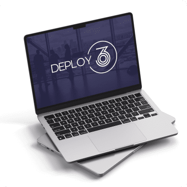 A laptop displaying "Deploy 360" on its screen, with a silhouette of people in a modern office setting. The tone is professional and tech-focused.