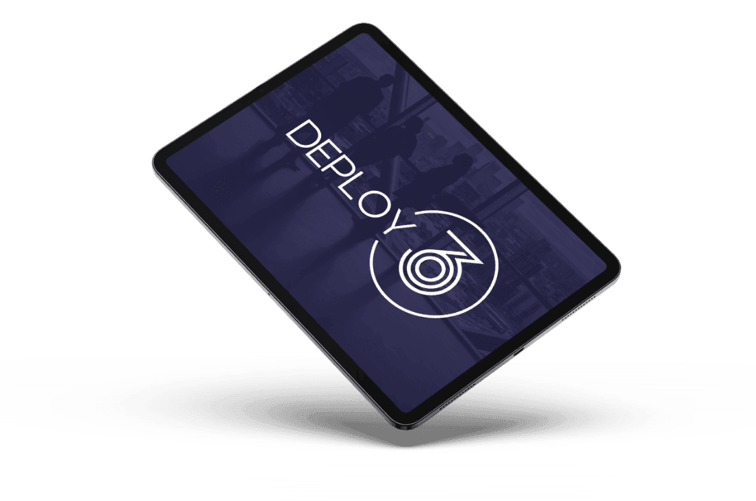 Tablet displaying "DEPLOY" and a logo with concentric circles and an arrow, set against a dark background with a silhouette of people, conveying professionalism.