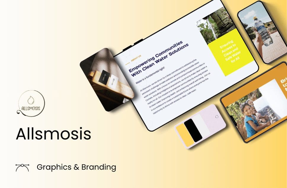 A digital presentation displaying Allsmosis branding. Various devices showcase the mission to provide clean water, featuring images of happy individuals, water bottles, and key messages. Warm, optimistic tones convey a sense of hope and innovation in community empowerment.