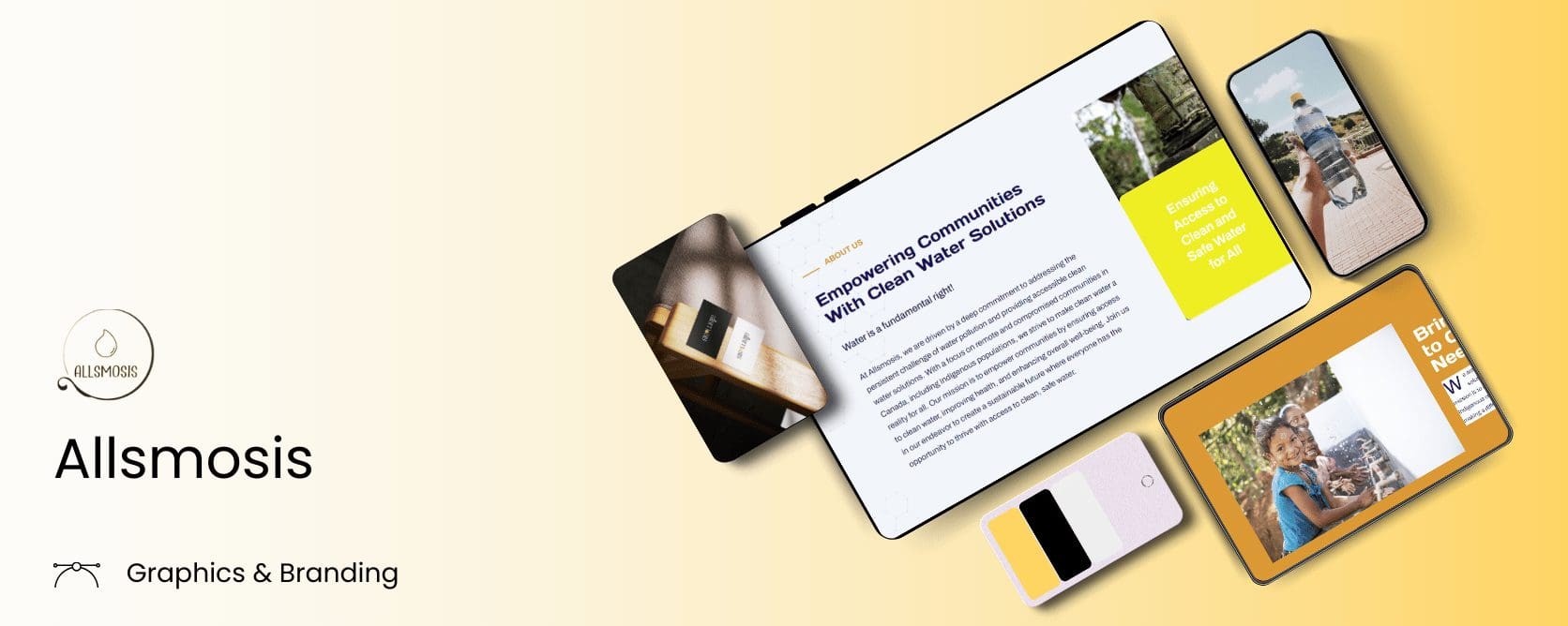 A collage featuring digital devices displaying water conservation content. The Allsmosis logo on a light background indicates a focus on clean water solutions.