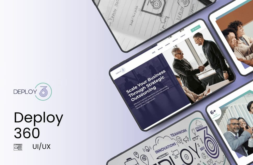 Collage of tablet screens showing business-themed images and illustrations. Central screen features a handshake and text: "Scale Your Business Through Strategic Outsourcing." Deploy 360 logo and "UI/UX" appear on a gradient background. Tone is professional and collaborative.