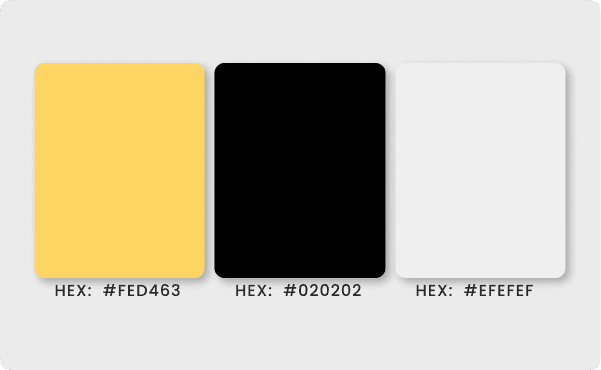 Three color swatches on a gray background: vibrant yellow (#FED463), deep black (#020202), and soft gray (#EFEFEF), each labeled with its hex code.