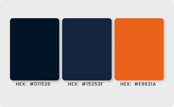 Three rectangular color swatches on a light gray background display dark navy (#011526), deep blue (#15253F), and vibrant orange (#E9631A).