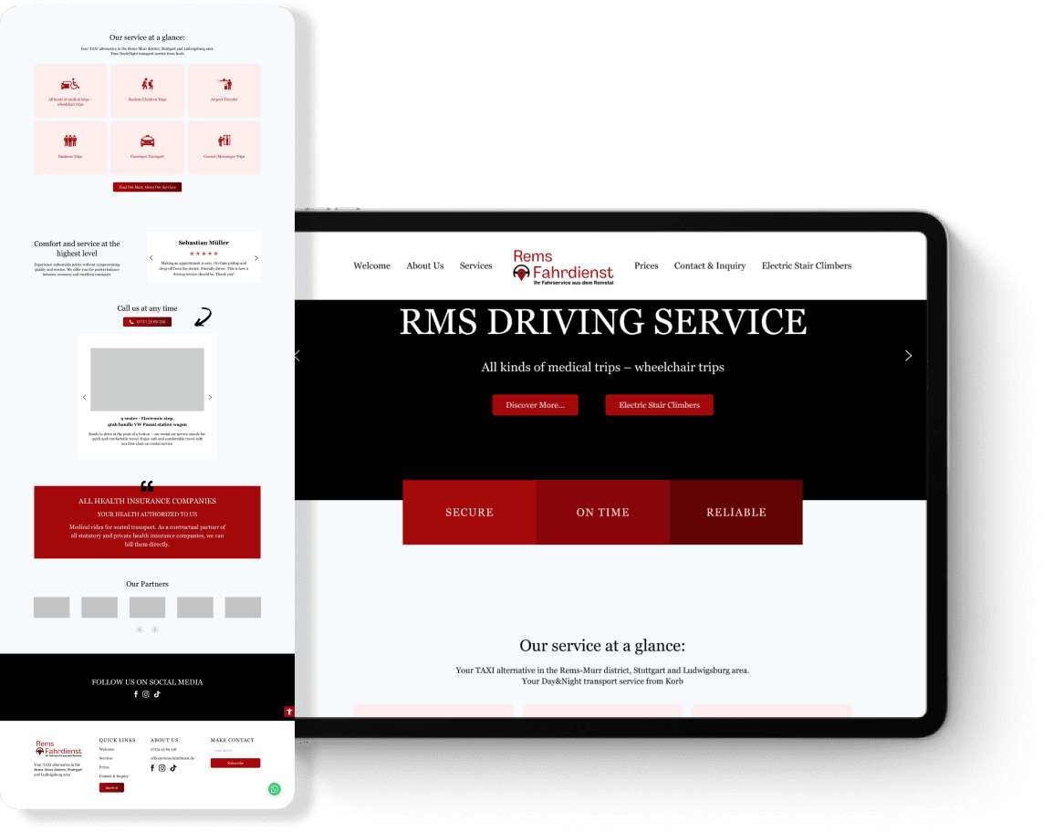 "Website layout for RMS Driving Service showcasing medical and wheelchair transport options. Includes menu links, services overview, and contact info."