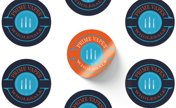 Circular logos reading 'Prime Vapes Wholesale' are arranged in a pattern. One logo is orange, standing out among several blue ones. The design is simple and modern.