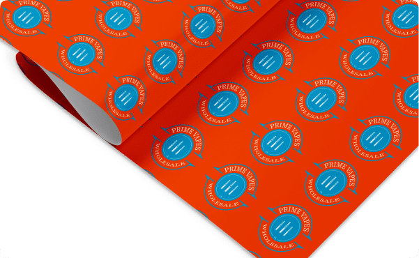 Bright red wrapping paper featuring a repeating pattern of blue and white circular logos reading "Prime Vapes Wholesale," with a clean, vibrant appearance.