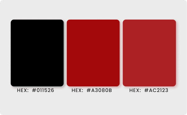 A color palette with three vertical rectangles. From left to right: black (#011526), dark red (#A3080B), and reddish-brown (#AC2123) on a light gray background.
