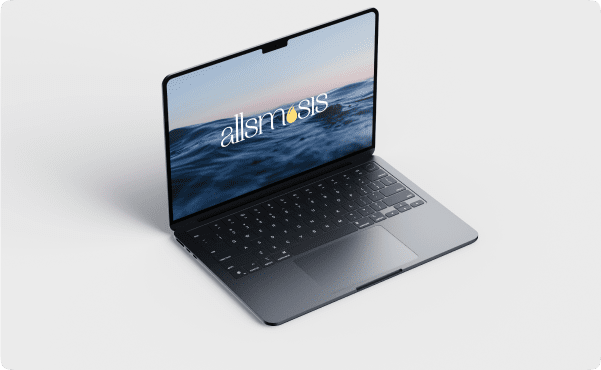A sleek laptop on a white surface displays an ocean-themed wallpaper with the word "allsnosis." The screen's serene colors contrast with the dark keyboard.