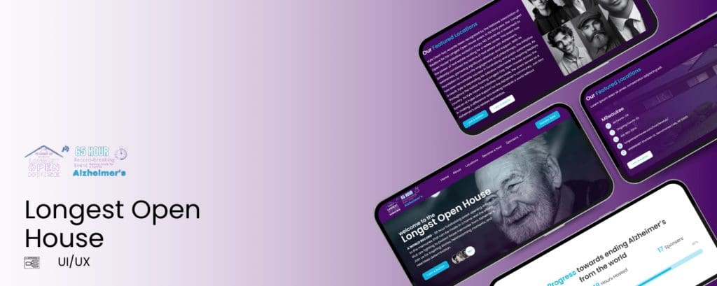 Purple-themed visual showcasing UI/UX design for the 'Longest Open House,' an event supporting Alzheimer's awareness. Includes text and design elements.