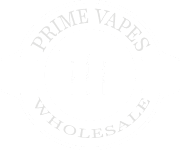 White circular logo for "Prime Vapes Wholesale" with three vertical lines in the center, surrounded by text on a clear background, conveying a clean, professional vibe.