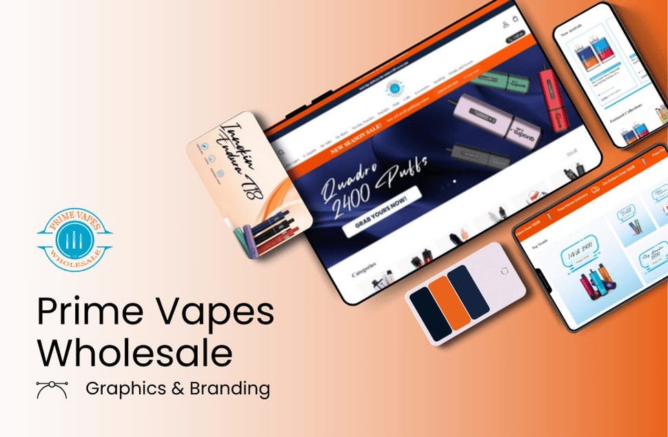 Collage of digital devices displaying Prime Vapes Wholesale website, featuring colorful vape pens and branding. The tone is modern and vibrant.