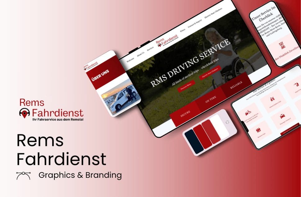 Collage of Rems Fahrdienst branding materials, including a website on a laptop and mobile devices, featuring red and white color schemes and text highlighting secure, on-time, and reliable driving services.