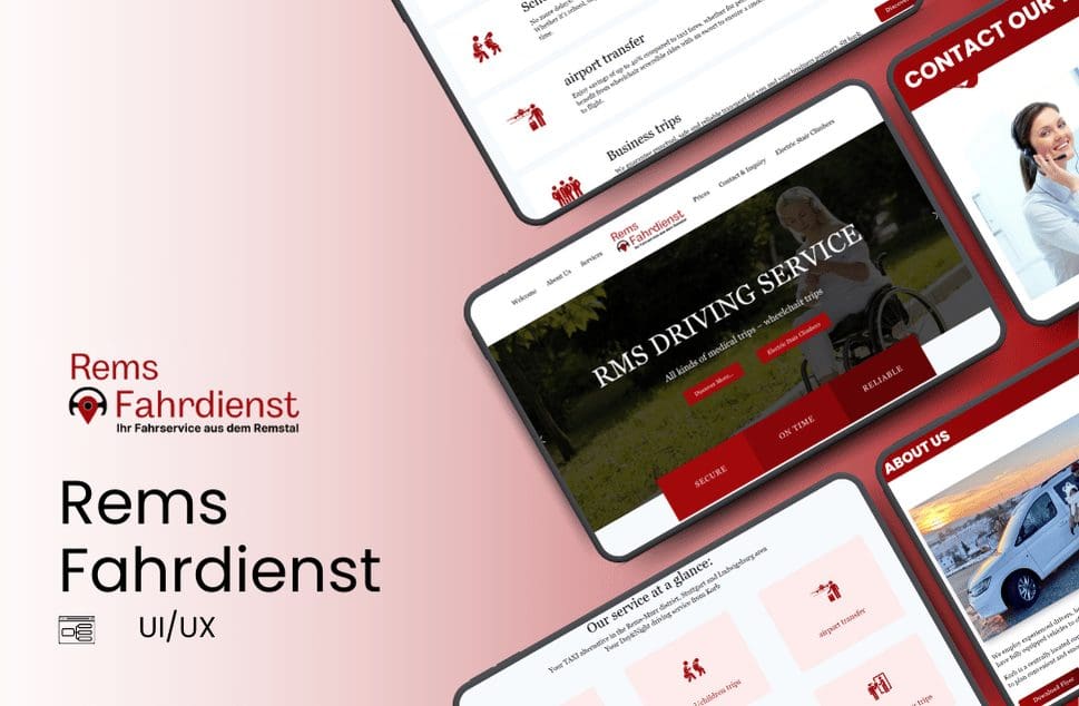 Rems Fahrdienst web design, showcasing various pages with elements like service options, contact info, and an 'About Us' section. Modern, professional design with a focus on accessibility and transportation services.