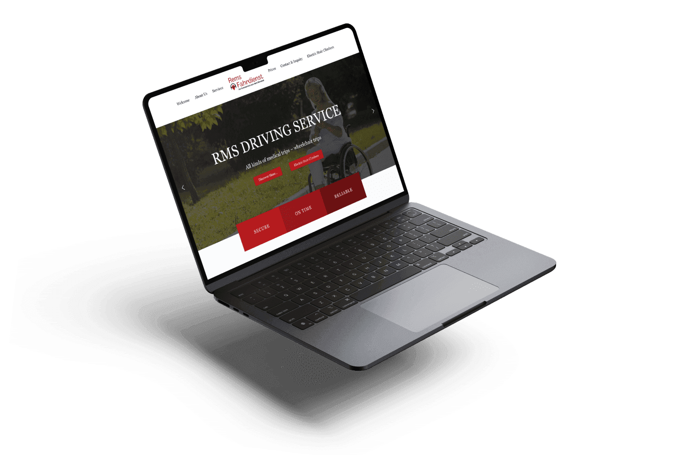 Laptop displaying RMS Driving Service website. The homepage highlights services for medical and wheelchair transport. Tone is professional and reliable.