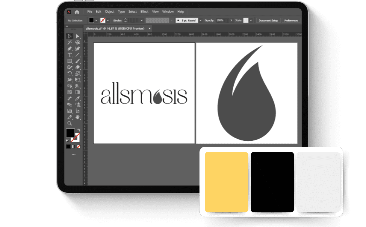 A tablet displaying graphic design software shows "allsmosis" text and a stylized droplet logo. Below are color swatches: yellow, black, and white. Sleek, modern design vibe.