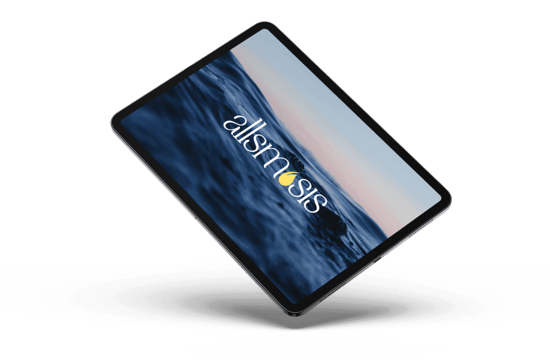 A tablet displaying the Allsmosis logo over a background of ocean waves is shown at an angle with a shadow beneath.