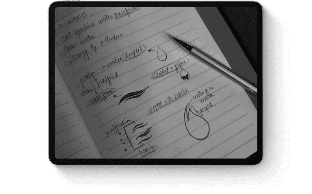 Notebook page with handwritten notes and drawings on water purification. A pen rests on the right.