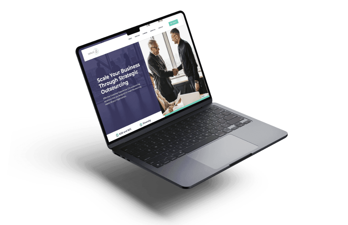 A laptop displaying a Deploy 360 business website with a headline about scaling through strategic outsourcing. Visible are two people shaking hands in a professional setting.