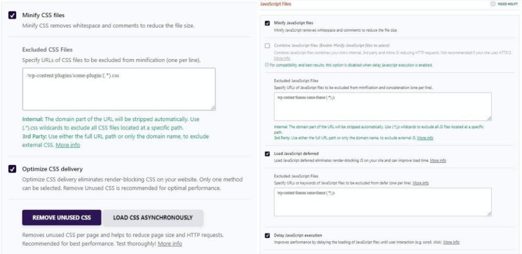 A settings interface for optimizing CSS and JavaScript files. It includes options to minify CSS and JavaScript, exclude specific files, optimize CSS delivery, load JavaScript deferred, and delay JavaScript execution. Exclusions are shown for CSS and JavaScript with example file paths. The tone is technical and informative.