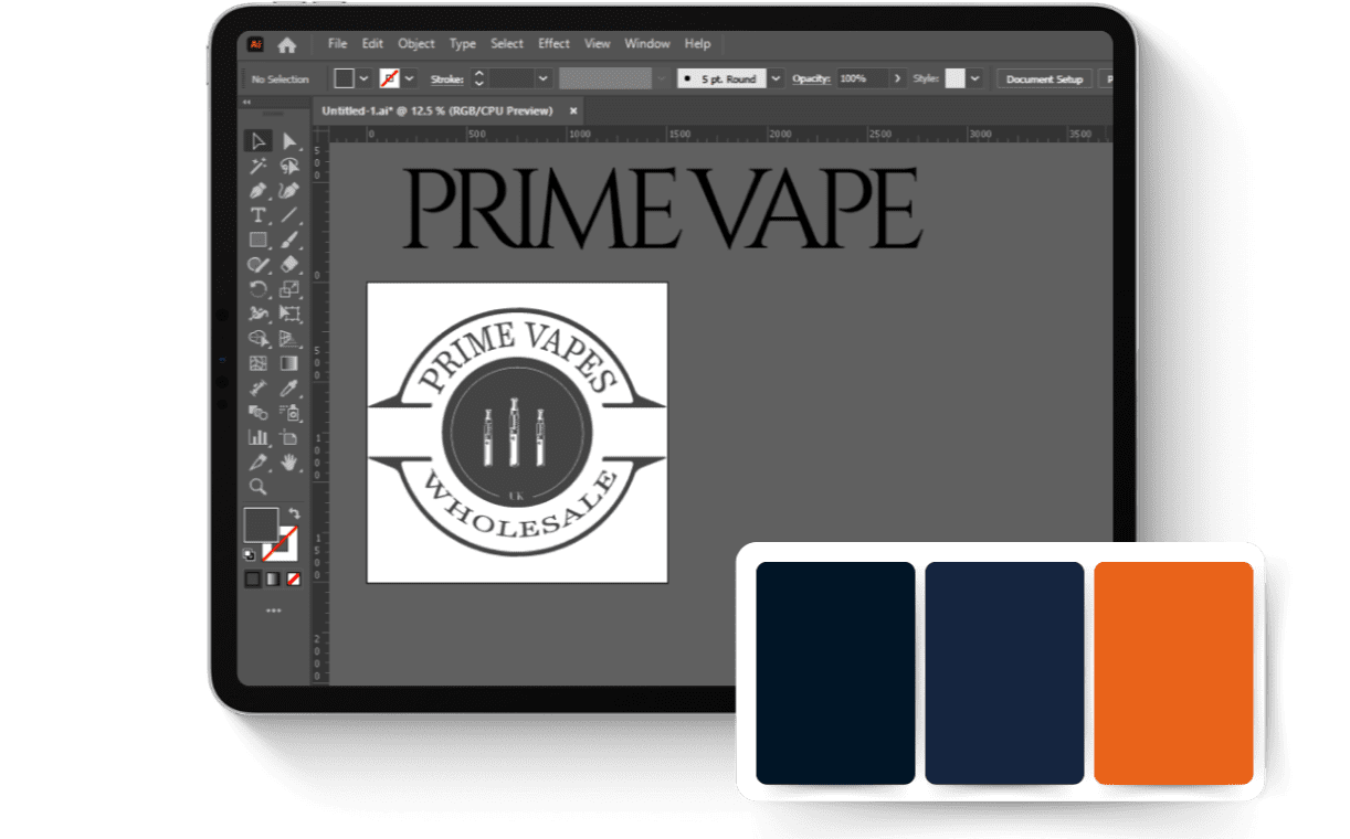 Tablet displaying a graphic design for "Prime Vape" in bold text, with a circular logo featuring vape pens and the words "Prime Vapes Wholesale." To the right are three color swatches: dark blue, navy, and orange.