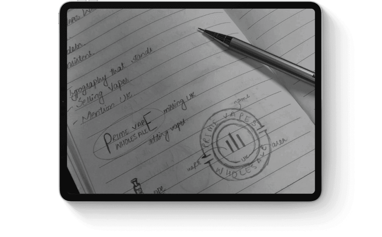 A notebook page with handwritten notes and a sketch of a logo in progress. A pen rests on the paper, suggesting ongoing work and brainstorming.