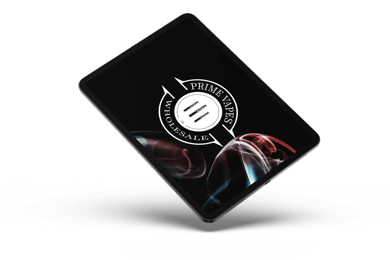 A tablet displaying a "Prime Vapes Wholesale" logo on a black background, surrounded by swirling red and blue smoke, evoking a modern, sleek feel.