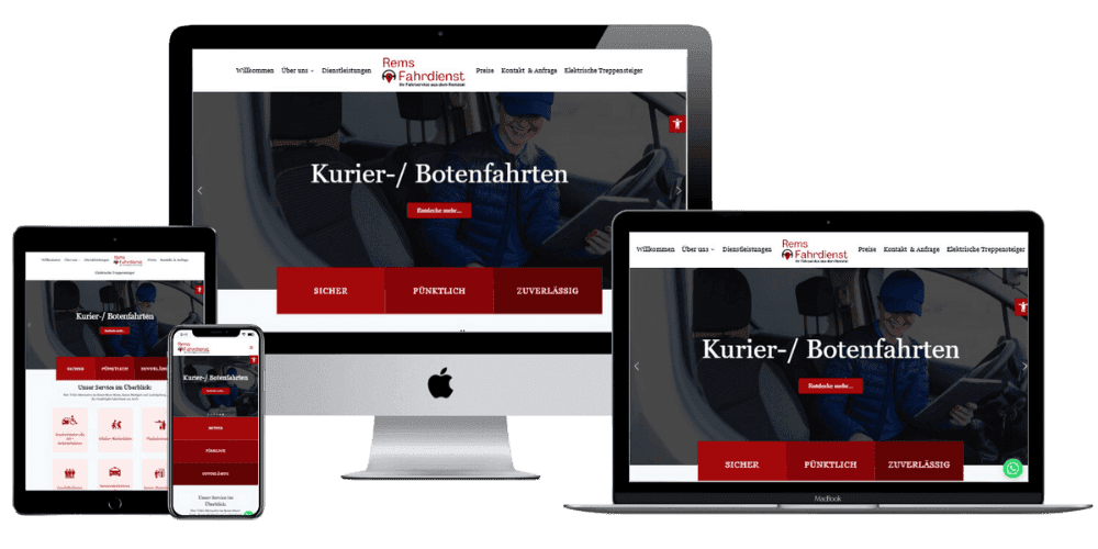Responsive website design shown on various devices: a smartphone, tablet, laptop, and desktop screen. The website is for a courier service, featuring the text "Kurier-/ Botenfahrten" with a focus on safety, punctuality, and reliability.