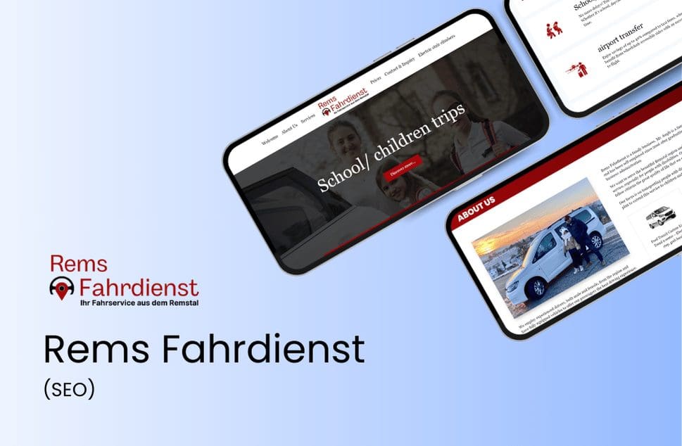 Collage of website screenshots on devices for Rems Fahrdienst, a German transportation service. Features 'School/children trips' and 'About Us' sections. Blue gradient background with logo and text on left.