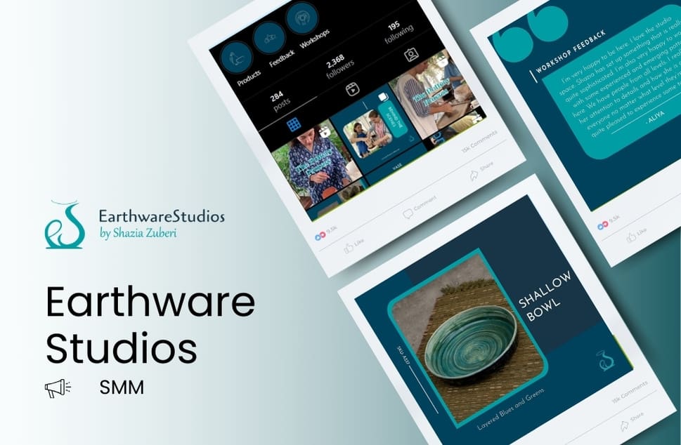 Digital collage showcasing EarthwareStudios, featuring a social media profile, pottery images, and workshop feedback. The tone is creative and inviting.