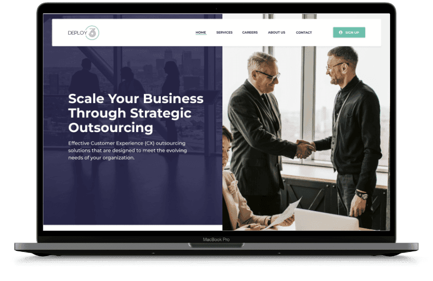 Laptop screen displaying a Deploy 360 business website. Left half shows the text "Scale Your Business Through Strategic Outsourcing." Right half depicts two men in suits shaking hands, suggesting a professional, collaborative atmosphere.