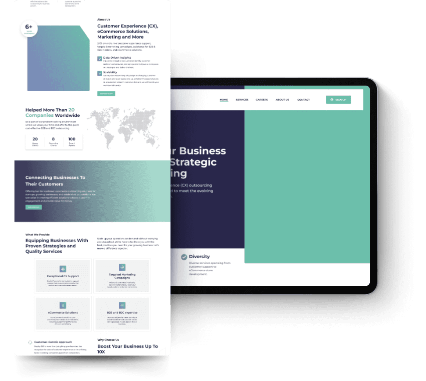 A webpage layout of Deploy 360 with sections on customer experience, strategic planning, and global outreach. It includes statistics, services, and a map graphic.
