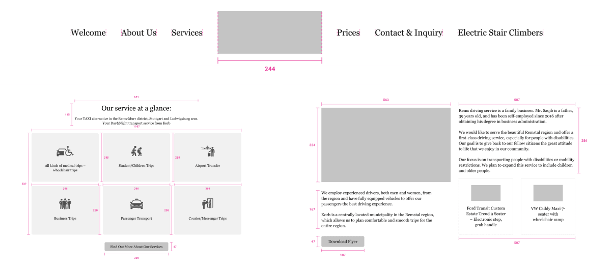 Website layout featuring navigation links for Welcome, About Us, Services, Prices, and Electric Stair Climbers. Below, six icons represent transport services, including medical, student, airport, business, passenger, and courier trips. The company emphasizes accessibility and community service. A download button is present for flyer information.