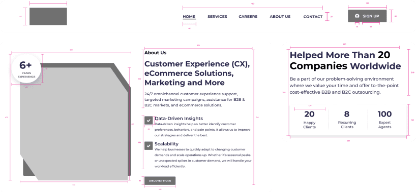 Deploy 360 Website layout shows a navigation bar with links and sign-up button, plus sections on customer solutions, data-driven insights, and client stats.