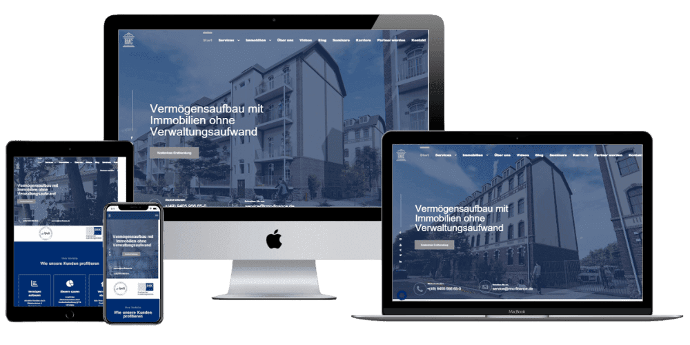 Four devices display a real estate website with an image of a building. The text reads "Vermögensaufbau mit Immobilien ohne Verwaltungsaufwand." The tone is professional.
