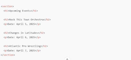 Best-practice markup: single H1 for the section, then individual H2s for each item.