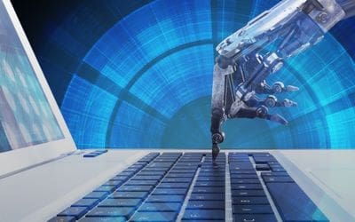 A robotic hand types on a laptop keyboard, set against a background of blue digital patterns, conveying advanced technology and artificial intelligence. Automate WordPress website using wp automatic