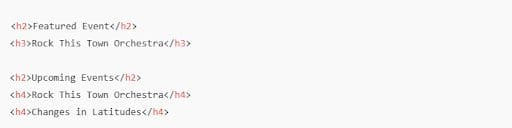 Good SEO approach: duplicate event names reused at lower heading levels within clearly labelled sections.