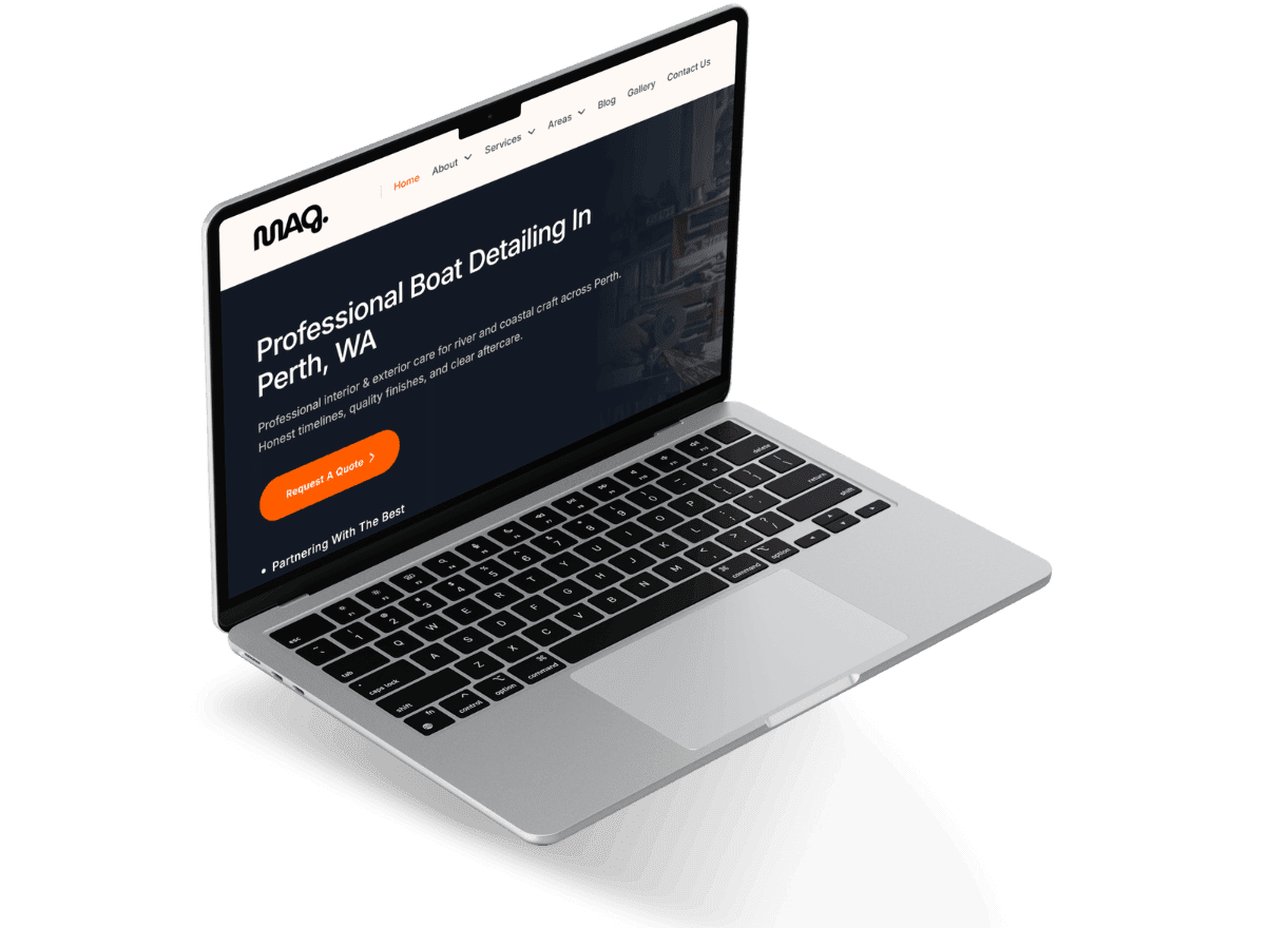 Laptop showing the Dynamic Website for boat detailing in Perth, WA with a “Request a Quote” button.