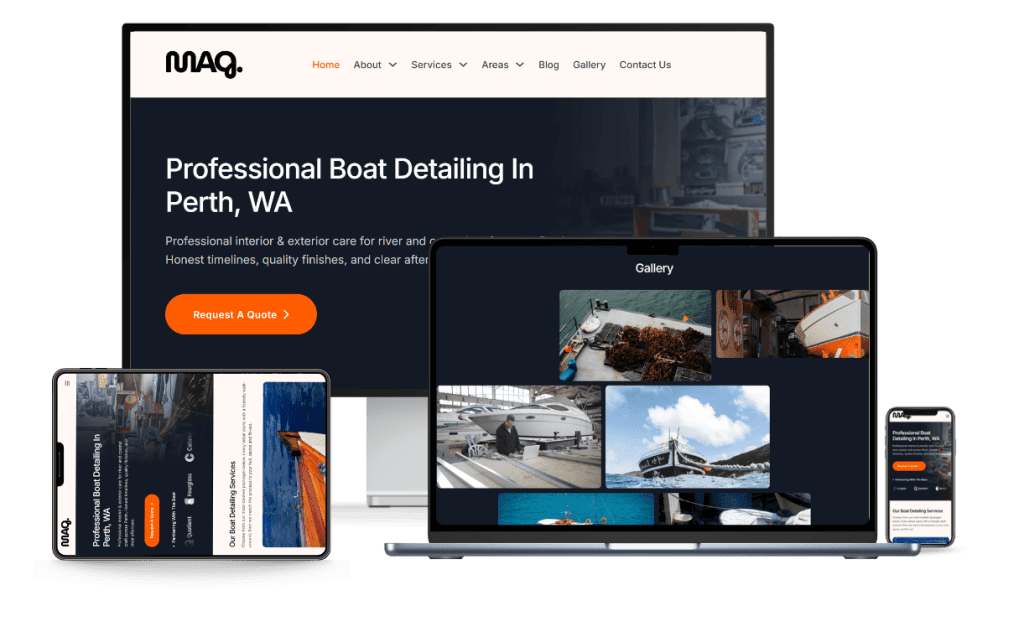 Boat detailing website shown across desktop, laptop, iPad, and phone.