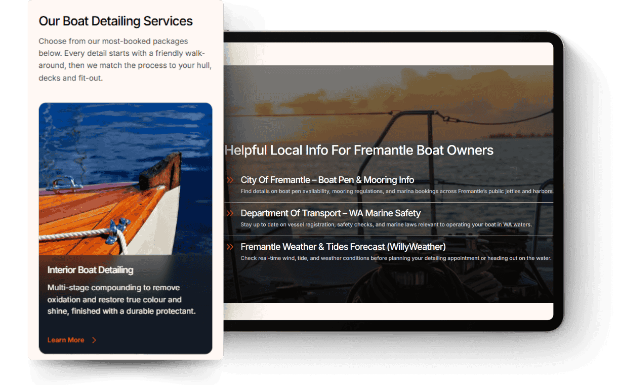 Tablet mockup showing local info for Fremantle boat owners and boat detailing service packages.