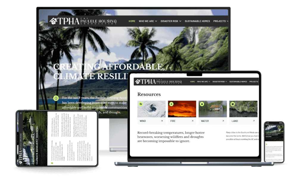 Future Proof climate-resilient housing site shown across desktop, laptop, iPad, and phone.