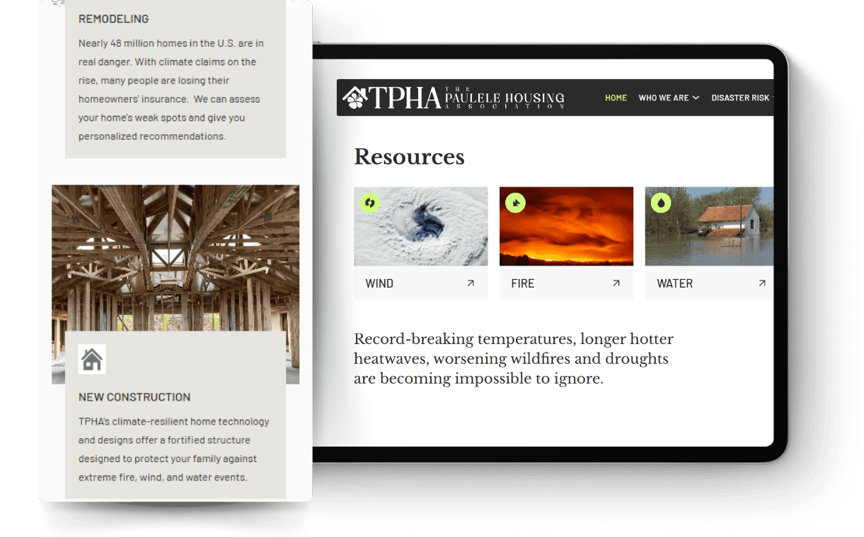 Tablet mockup showing Future Proof resources for wind, fire, and water risks.