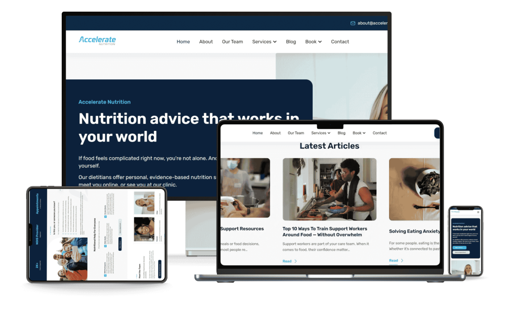 Accelerate Nutrition website displayed across desktop, laptop, iPad, and mobile.